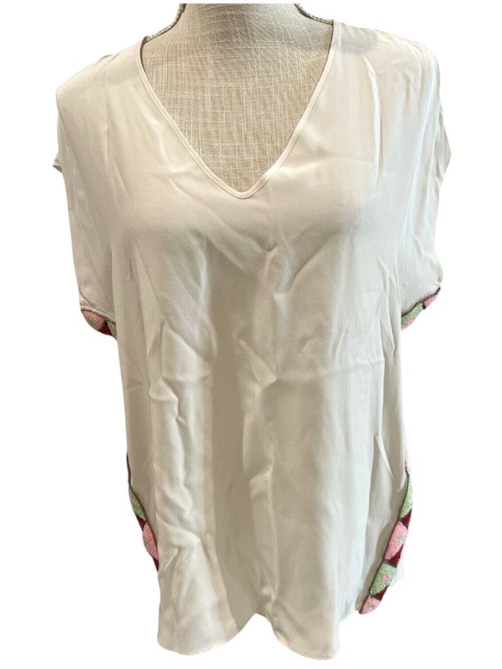 Drew Womens Small White Blouse With Beaded Side Trim & V-Neck S